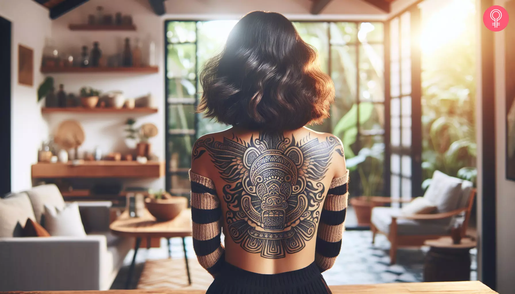 A Mexican Mayan tattoo on a woman’s back