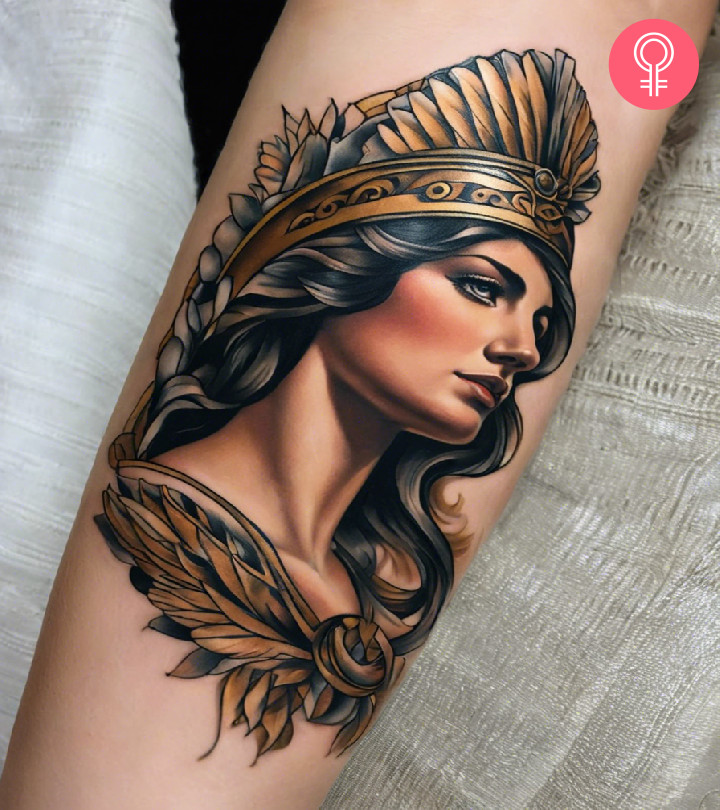 A Greek mythological tattoo on a woman's forearm
