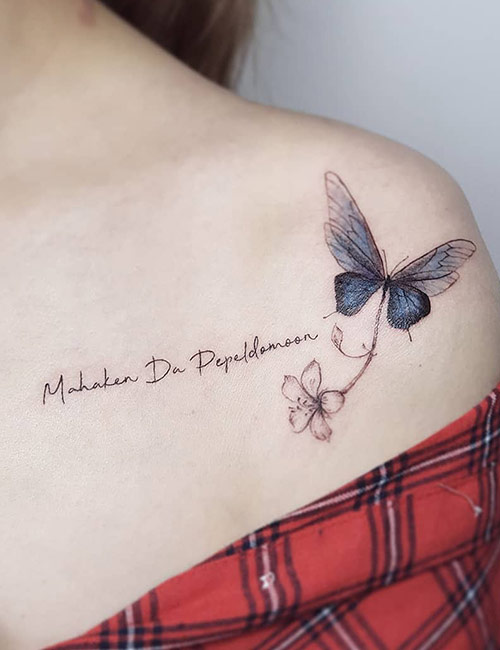 Name Tattoo With Butterfly On Shoulder