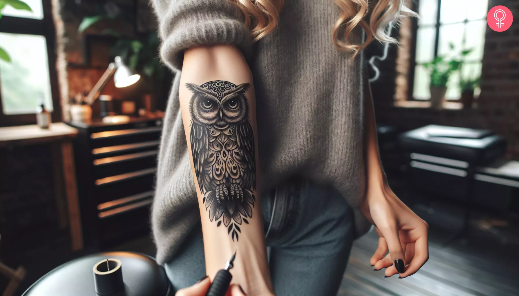 Owl tattoo design on the forearm of a woman