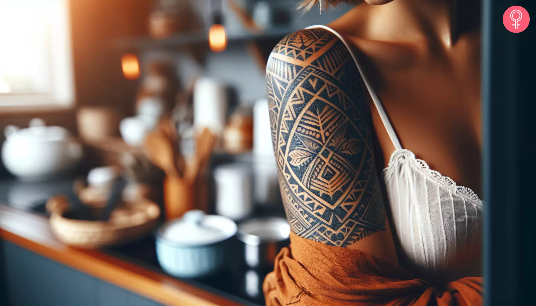 A pattern Hawaiian tattoo on a woman’s upper arm