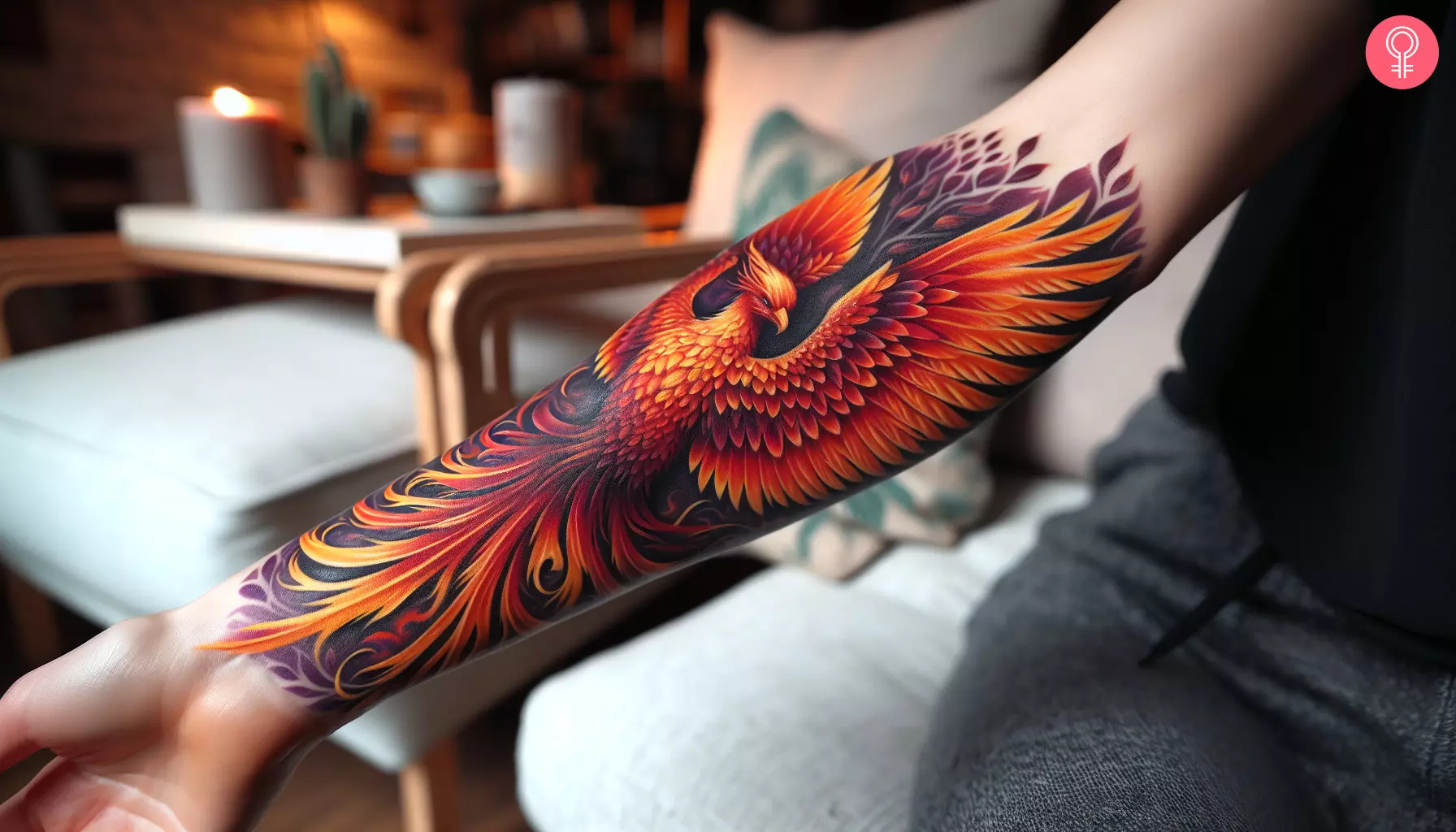 Phoenix bird tattoo on the forearm of a woman