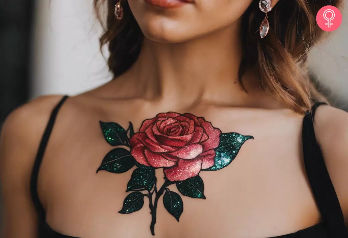 Pink glitter rose tattoo on the neck of a woman