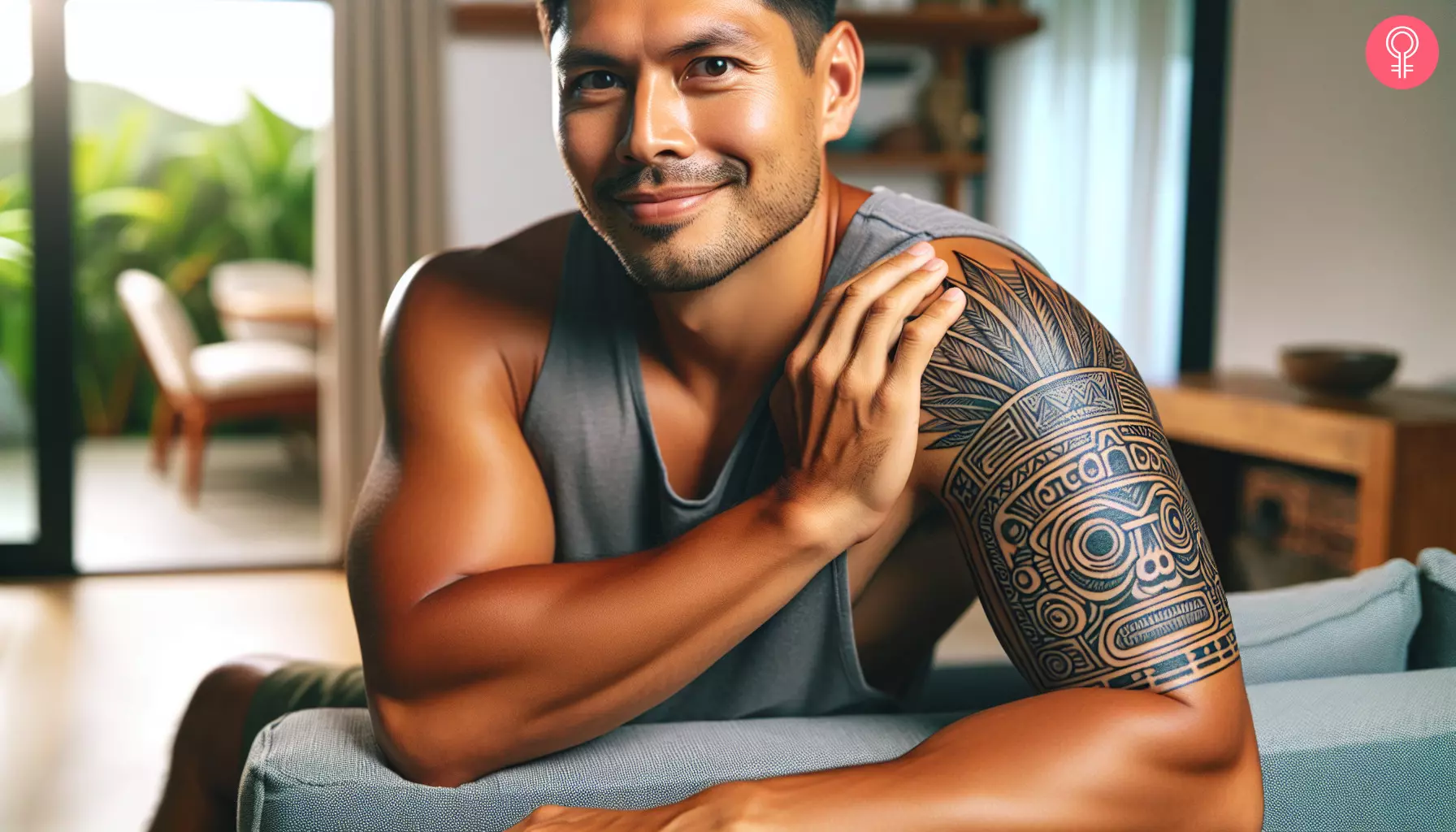 A Polynesia Mayan tattoo on a man’s upper arm