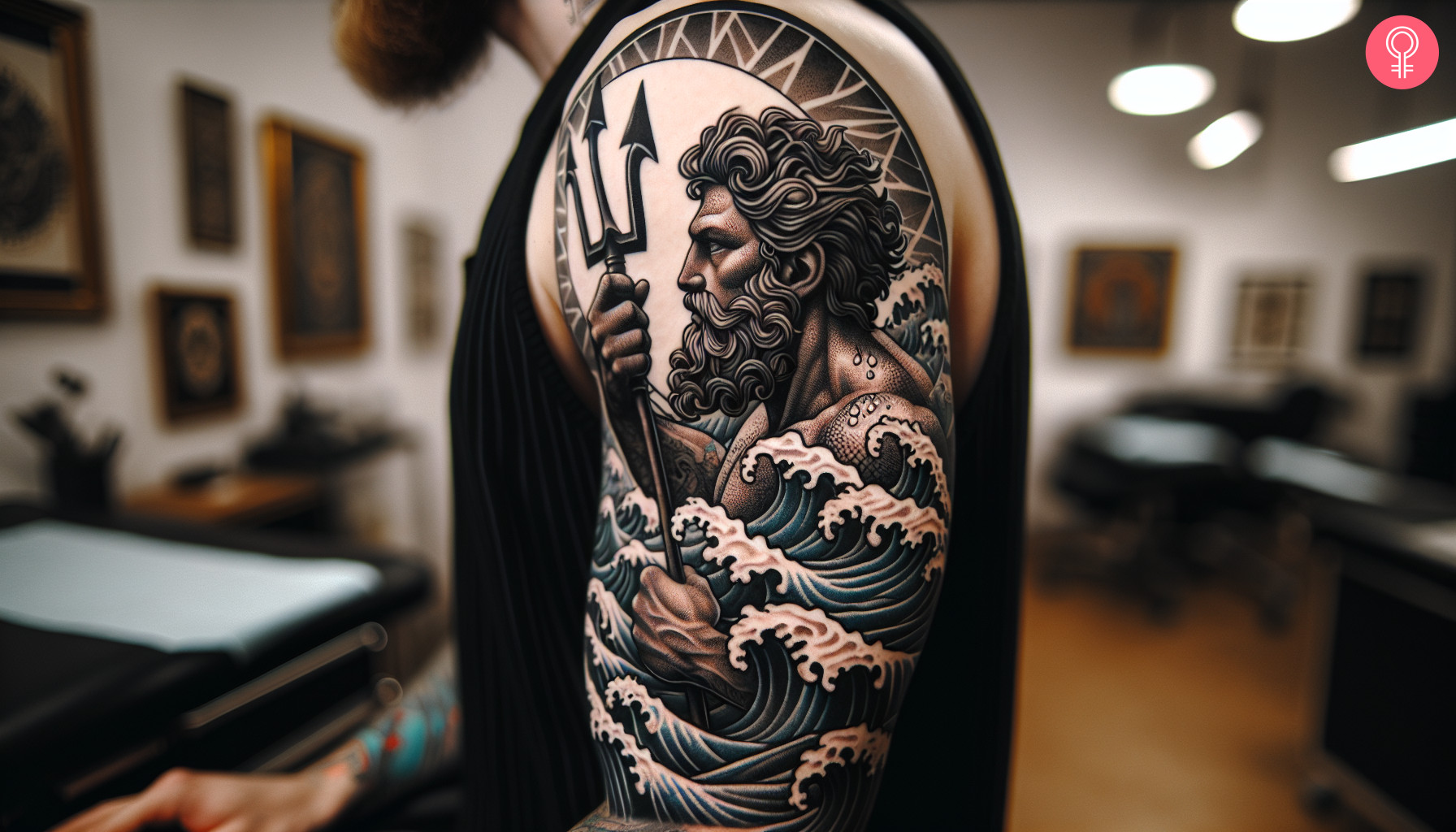 An artistic tattoo illustration of Poseidon emerging from the sea