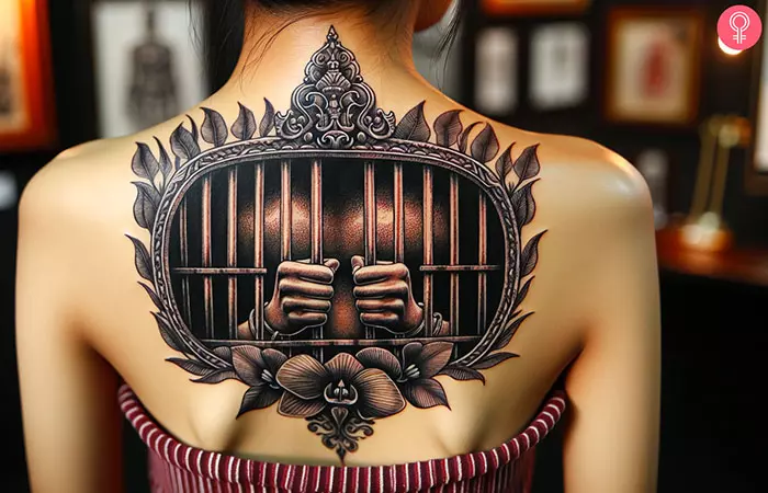 Woman with a prison bars tattoo on her back