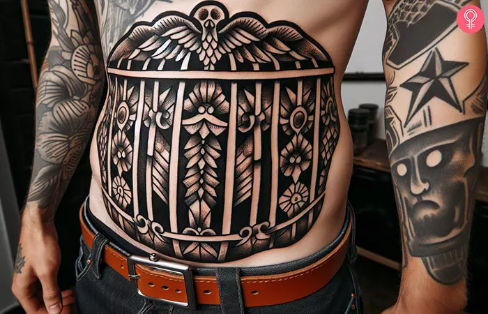 A man with a prison bars tattoo on his abdomen