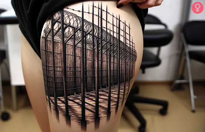 A woman with a prison fence tattoo on her thigh