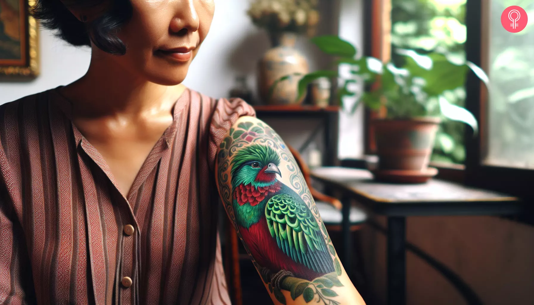 Quetzal bird tattoo on the arm of a woman