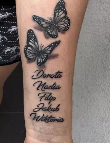 3D Butterfly Tattoo With Names On Wrist