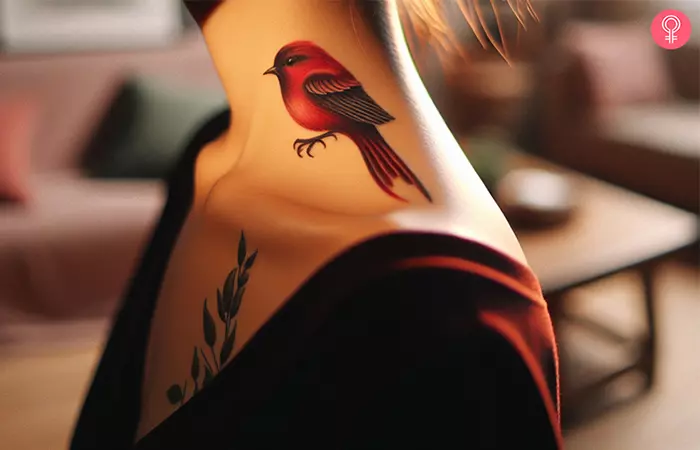 Red bird tattoo on the neck of a woman
