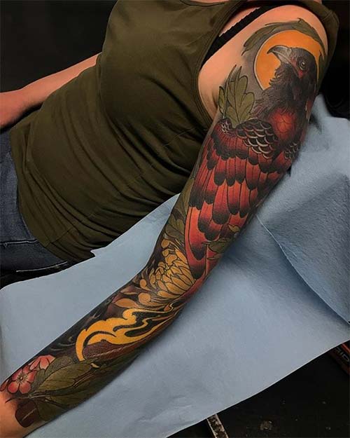 Rooster phoenix sleeve tattoo design
