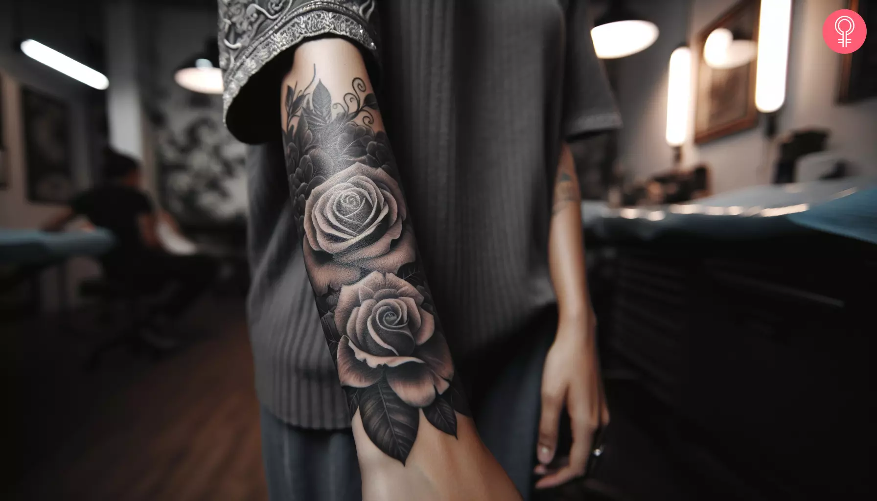 Rose tattoo design on the forearm of a woman