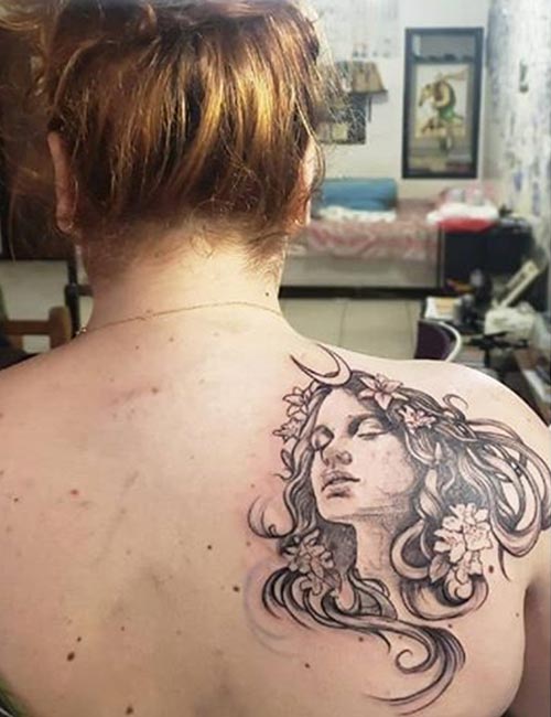 Selene Greek mythology back shoulder tattoo