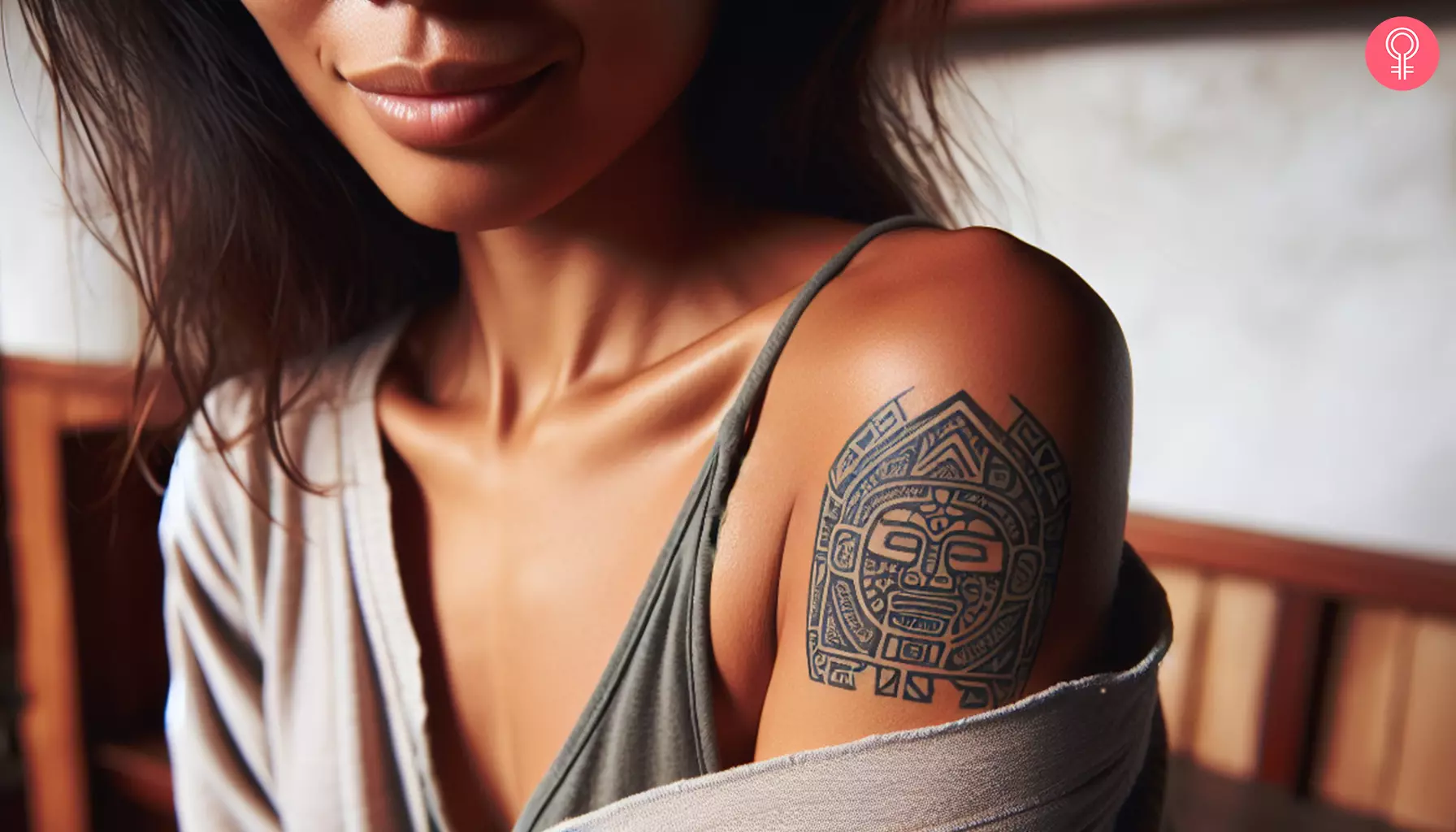 A small Mayan tattoo on a woman’s shoulder