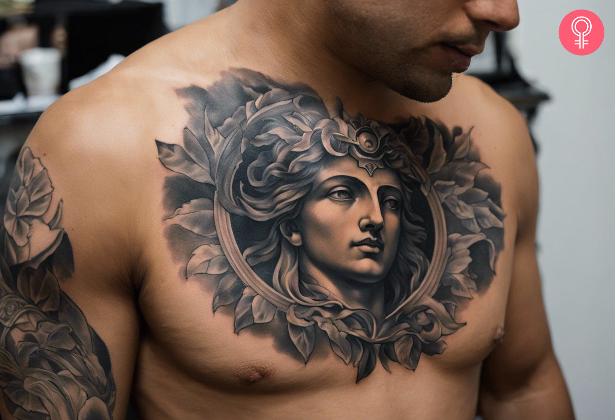  A realistic portrait of Apollo on the chest