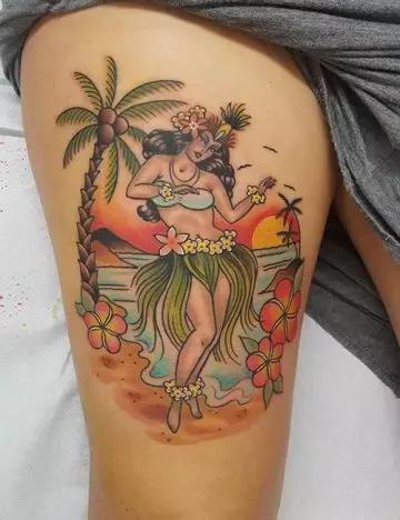 Hula dancer Hawaiian tattoo design on thigh