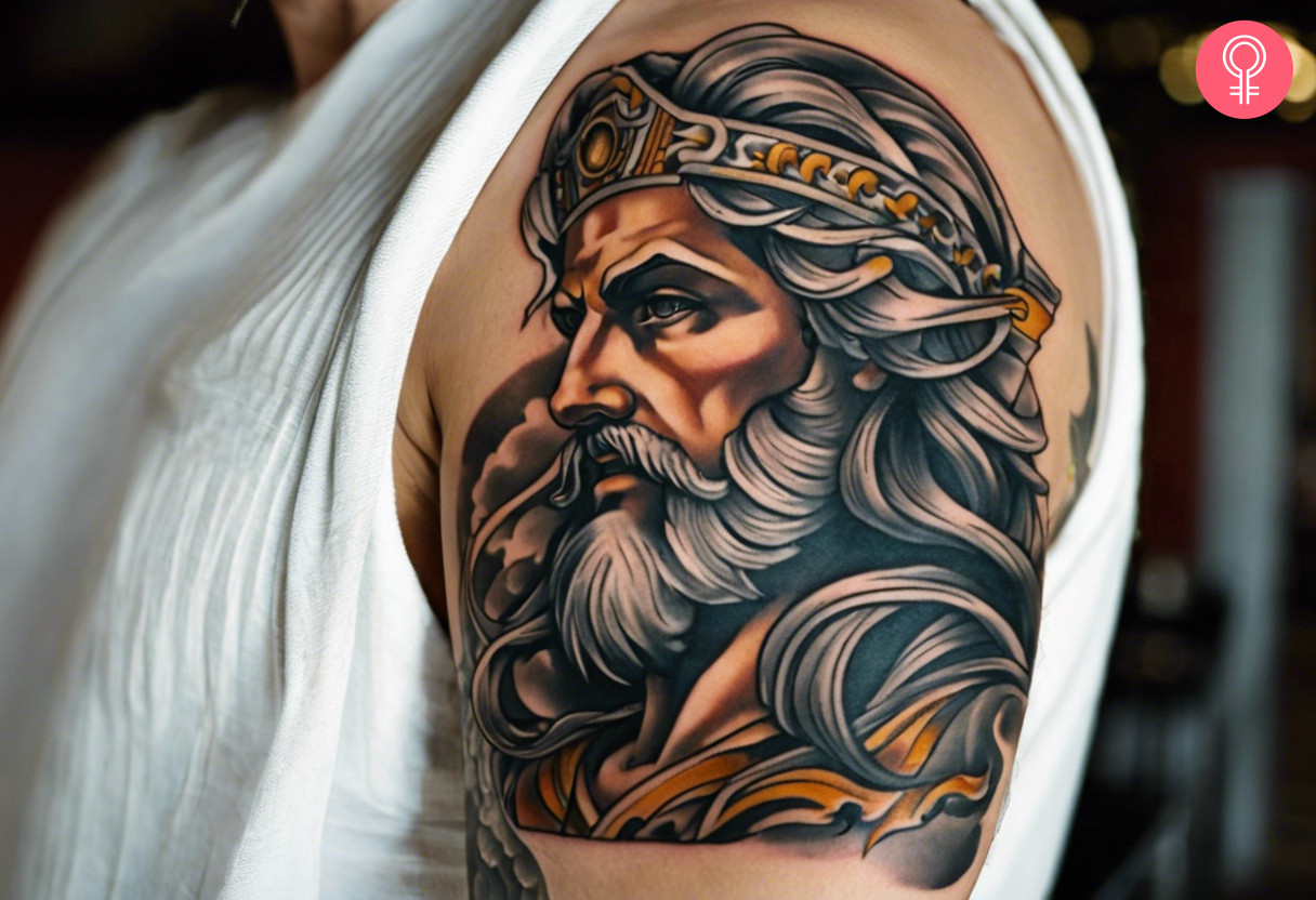 A side portrait tattoo of Zeus on the upper arm