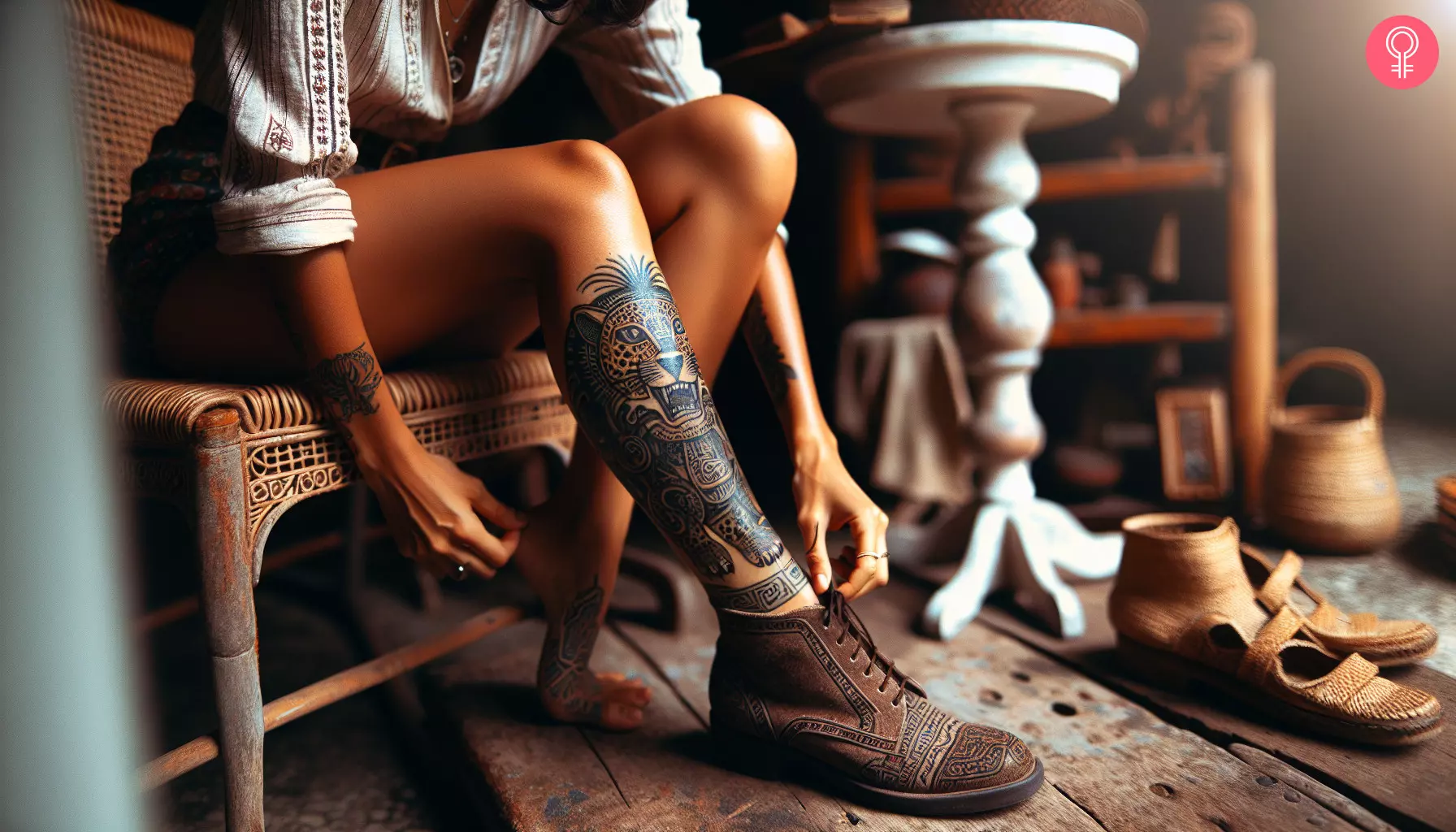 A traditional Mayan jaguar tattoo on a woman’s leg