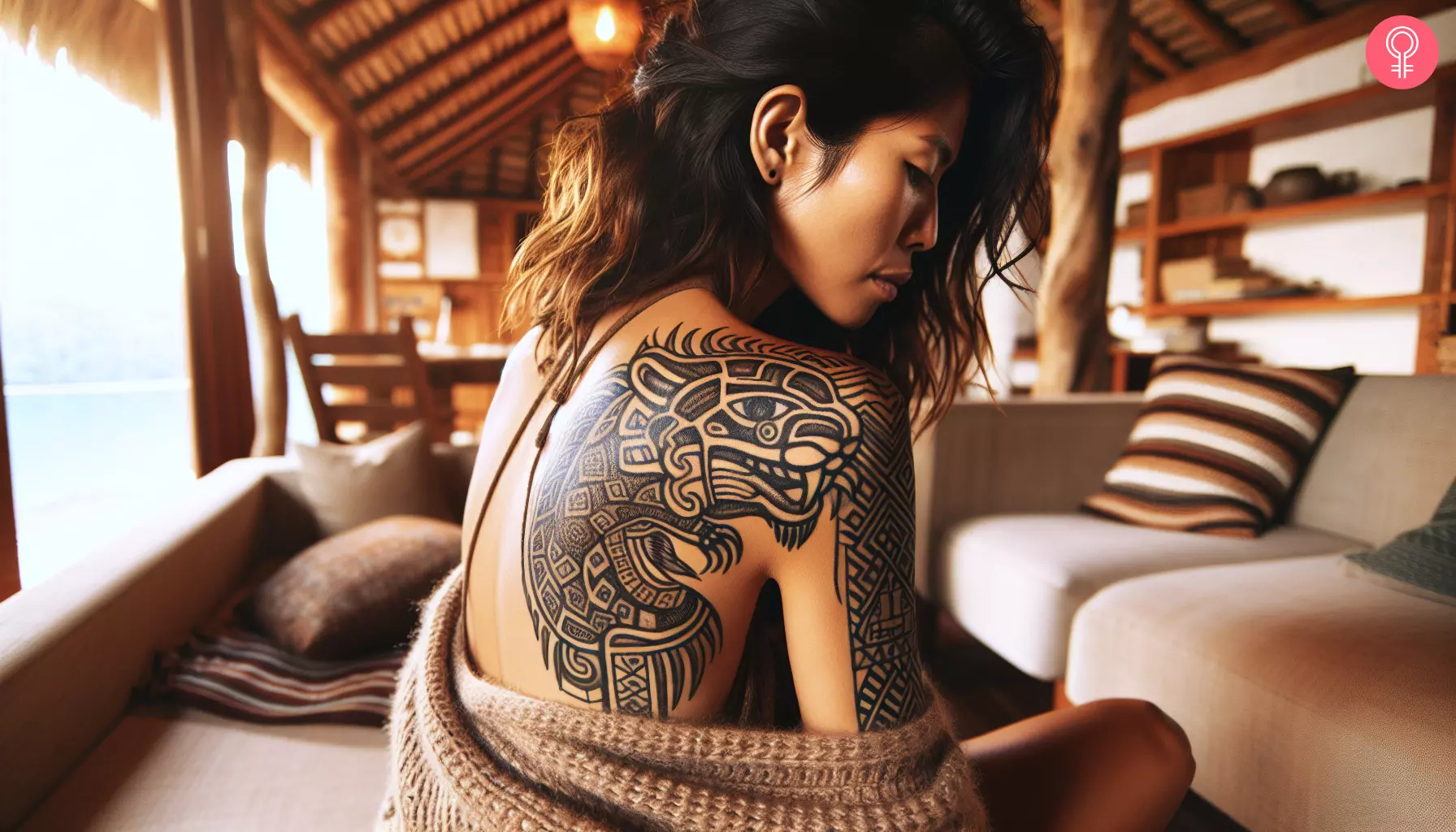 A traditional Mayan jaguar tattoo on a woman’s shoulder blade