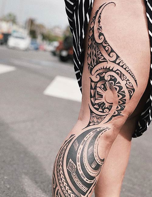 Hawaiian tribal leg tattoo design