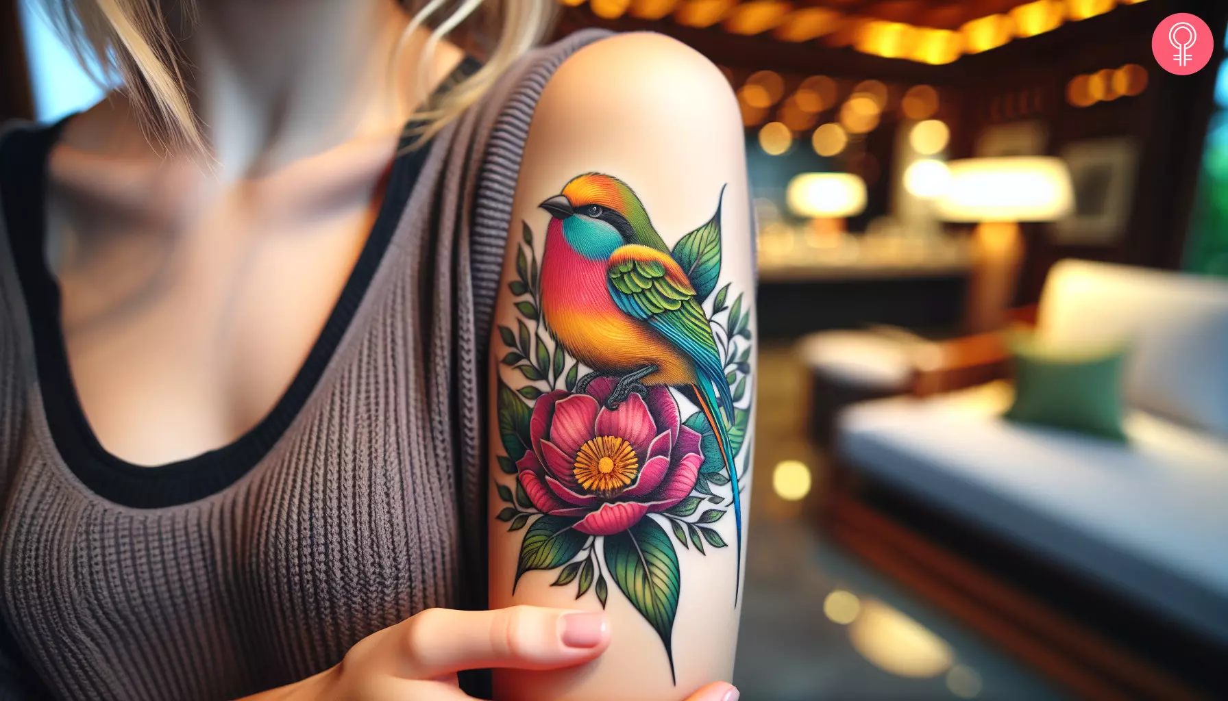 Tattoo on the arm of a woman featuring a vibrant bird perched on a flower
