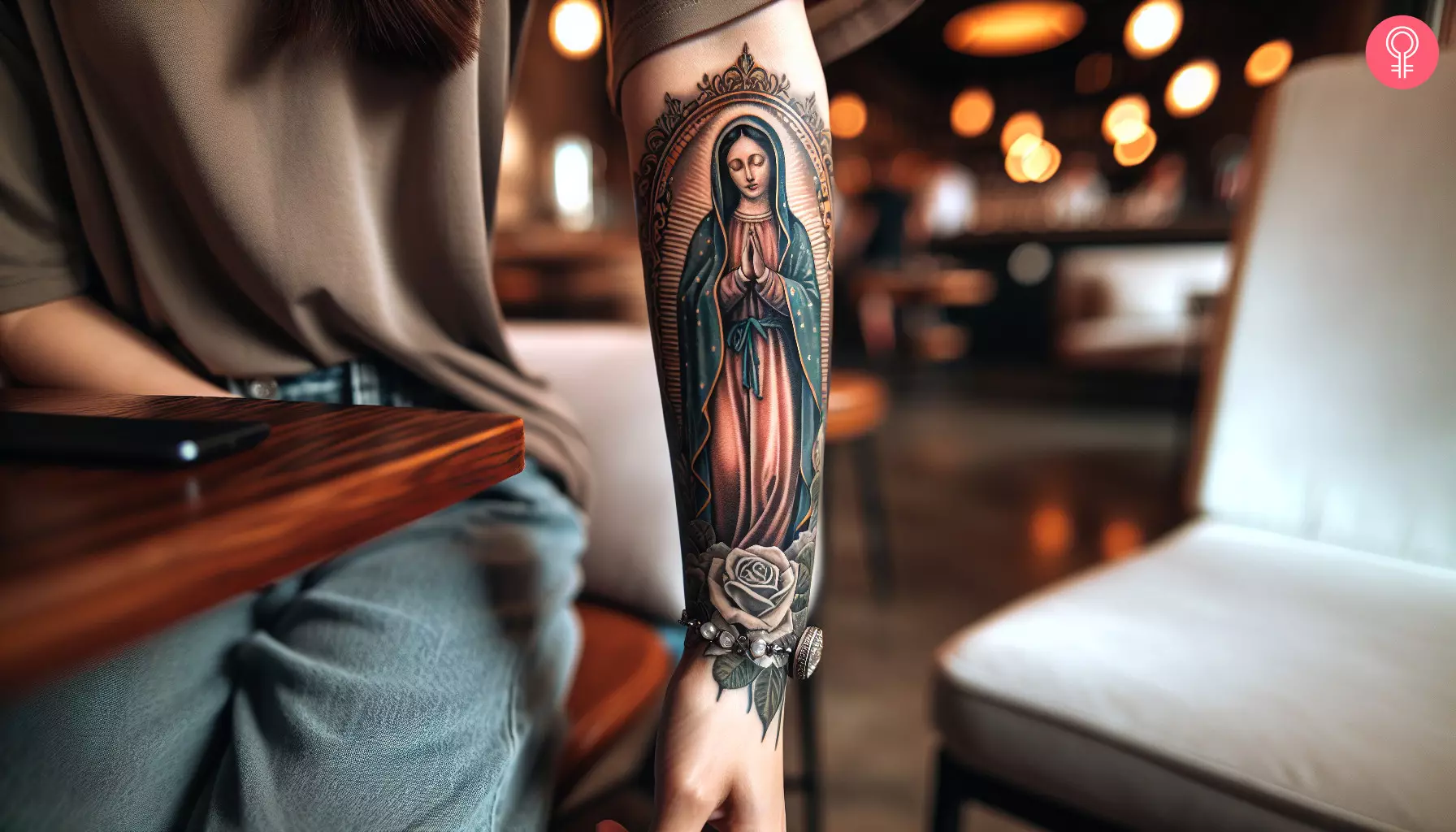 Virgin Mary tattoo design on the forearm of a woman