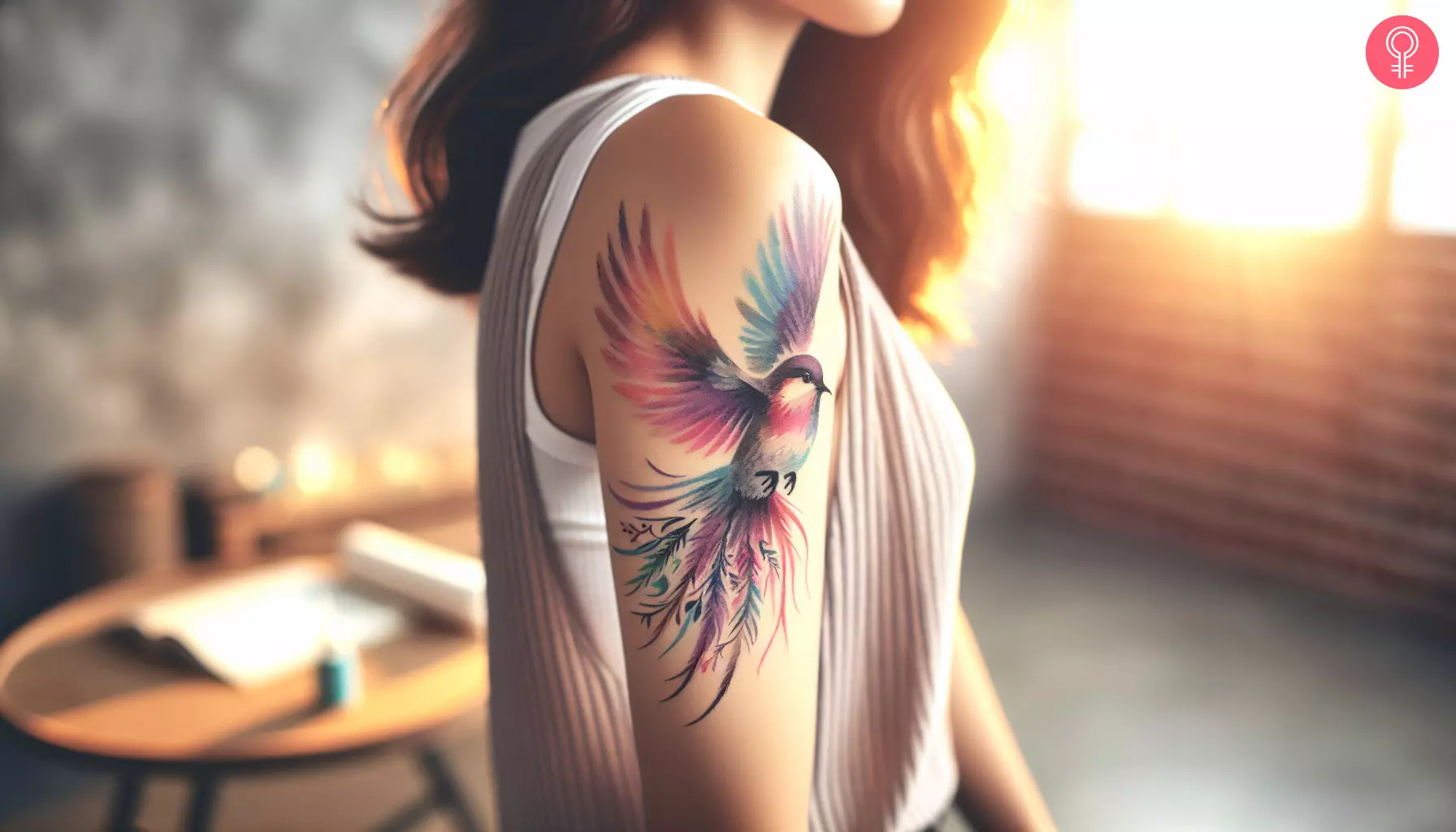 Watercolor bird tattoo on the arm of a woman
