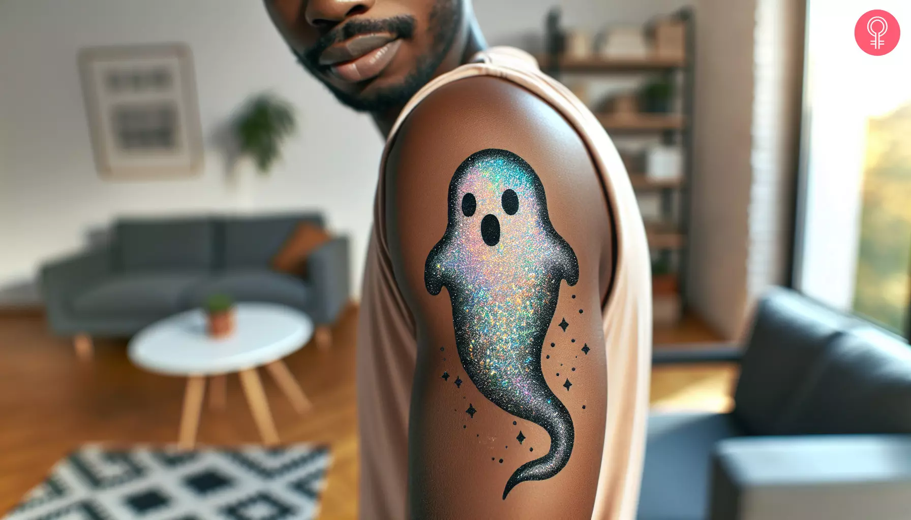 White glitter ghost tattoo on the arm of a man