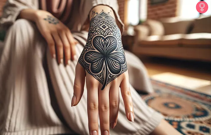 Woman-with-a-shamrock-tattoo-on-the-back-of-her-hand