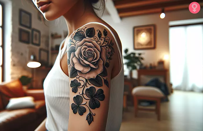 Woman-with-a-tattoo-featuring-a-rose-and-a-shamrock