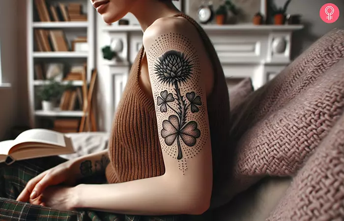 Woman-with-a-tattoo-featuring-a-thistle-and-a-shamrock