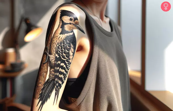 Woodpecker tattoo design on the arm of a woman