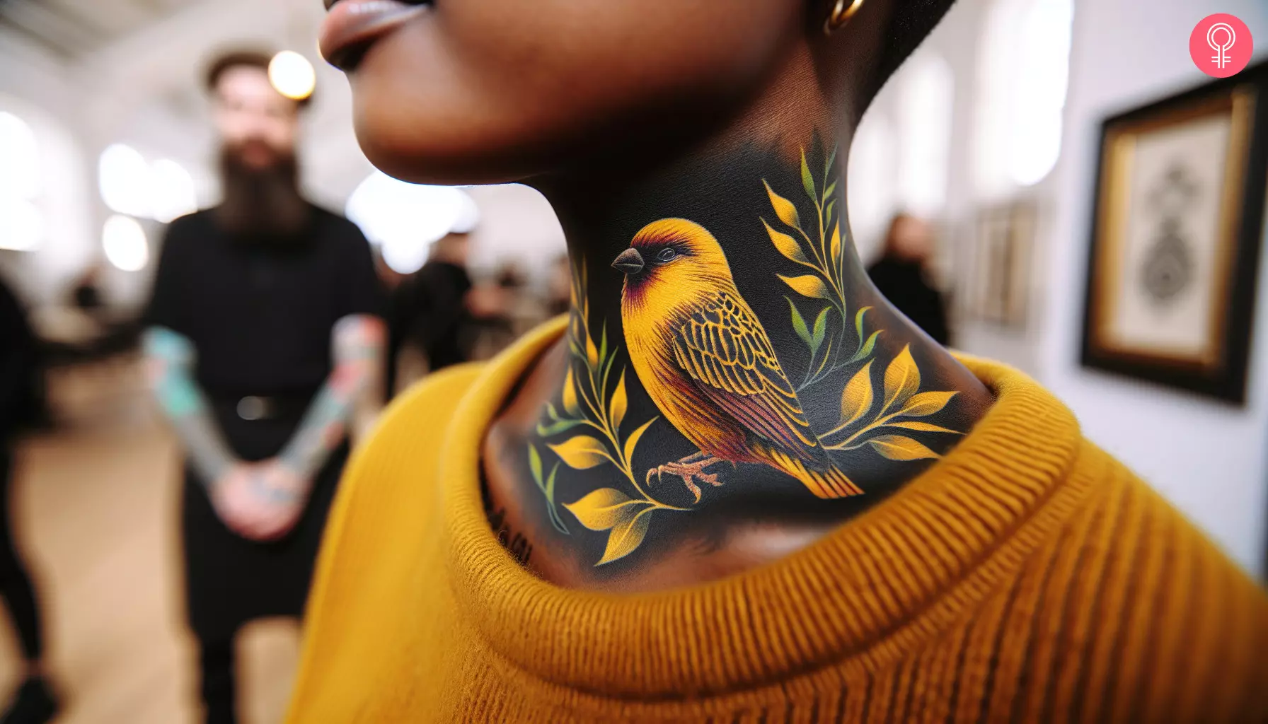 Yellow bird tattoo on the neck of a woman