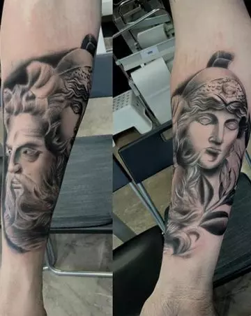 Zeus and Athena Greek mythology tattoo on sleeve
