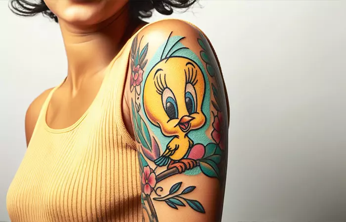 Tweety bird tattoo on hand
