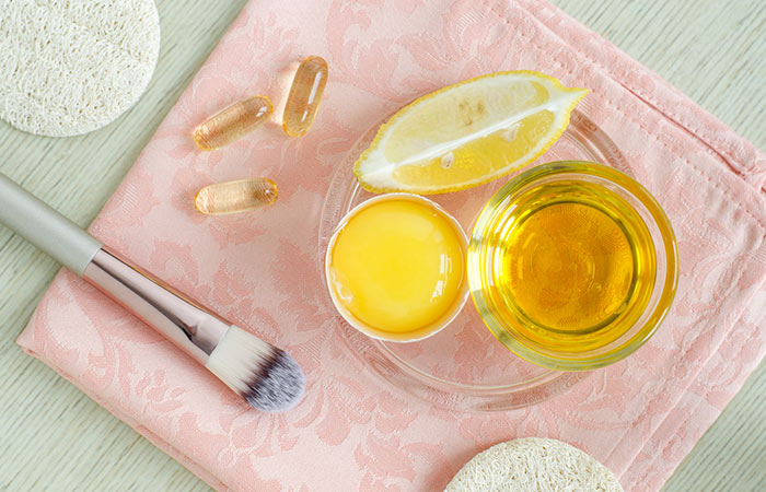 Egg, olive oil, lemon juice , vitamin E capsules for egg shampoo