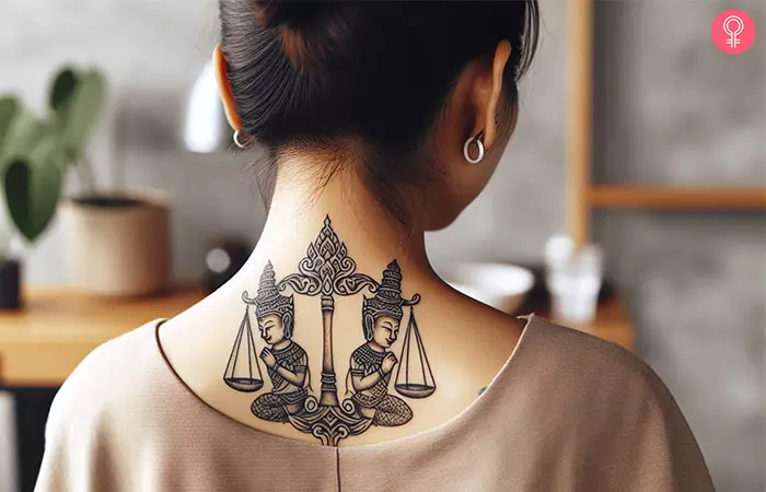 A woman with a Gemini and Libra tattoo below the nape