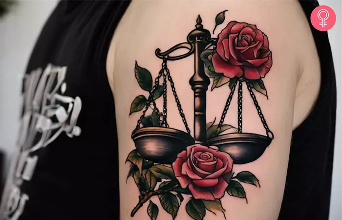 A man with a Libra and rose tattoo on his upper arm