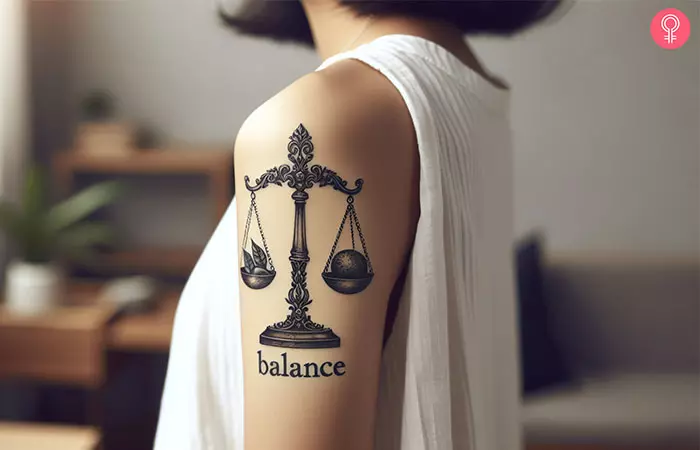 A Libra balance tattoo on the upper arm