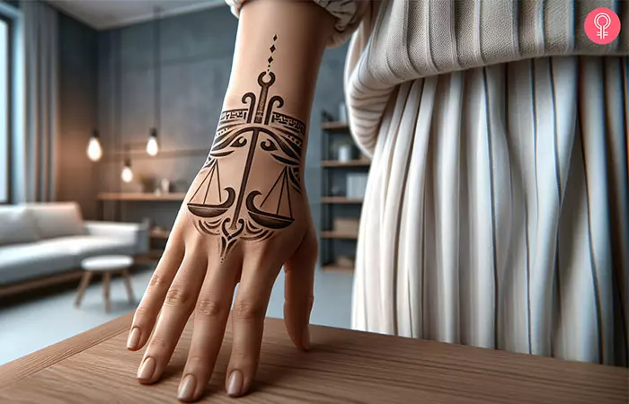 A woman with a Libra hand tattoo