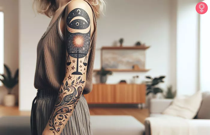 A woman with a Libra horoscope tattoo sleeve