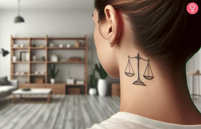 A woman with a Libra tattoo behind the ear