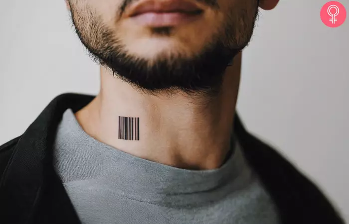 A small barcode tattoo on the neck