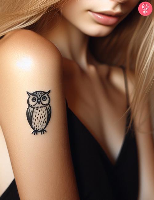 Simple owl tattoo on the upper arm of a woman
