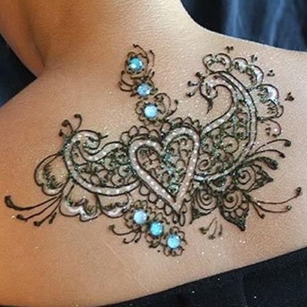 Heart henna design with stones and glitters