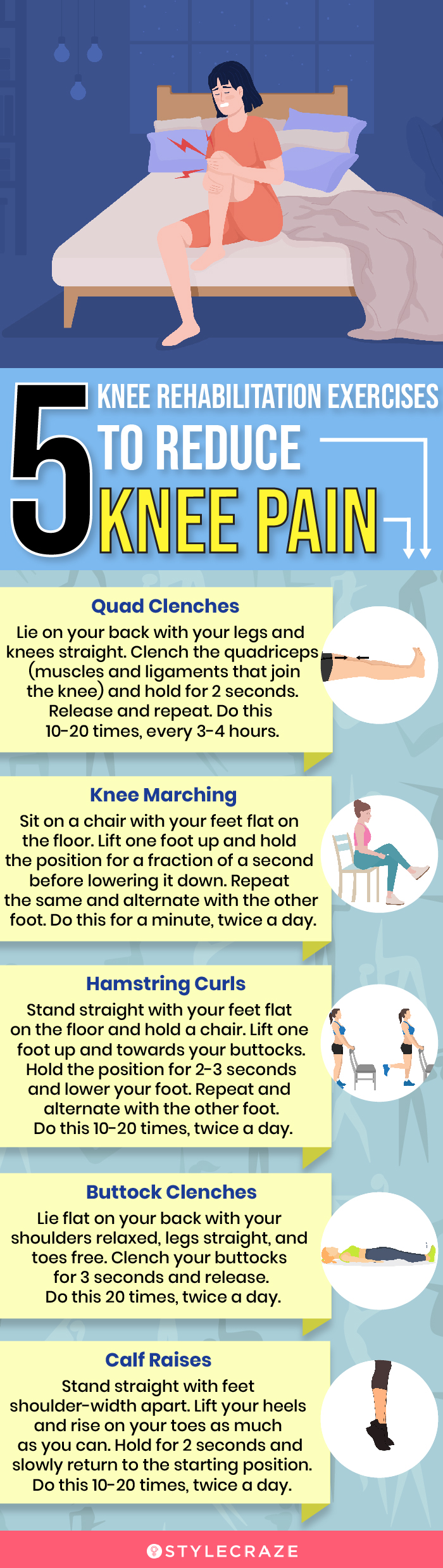 5 knee rehabilitation exercises to reduce knee pain (infographic)