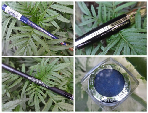 Different products used to apply blue eyeliner