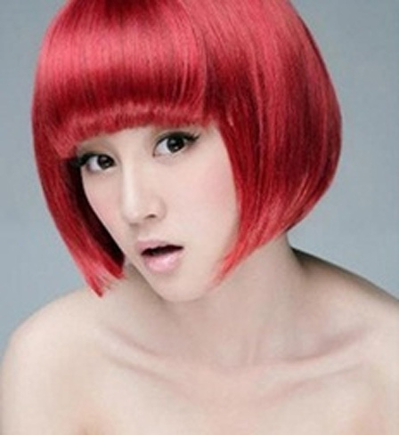 Japanese red short bob hairstyle with bangs