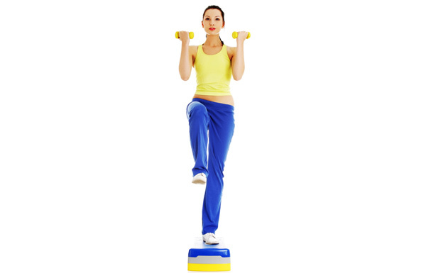 Step up with knee lift and bicep curl exercise for pear shaped body